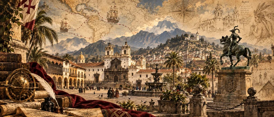 Ilustración de una ciudad histórica entre montañas, mapas y libros